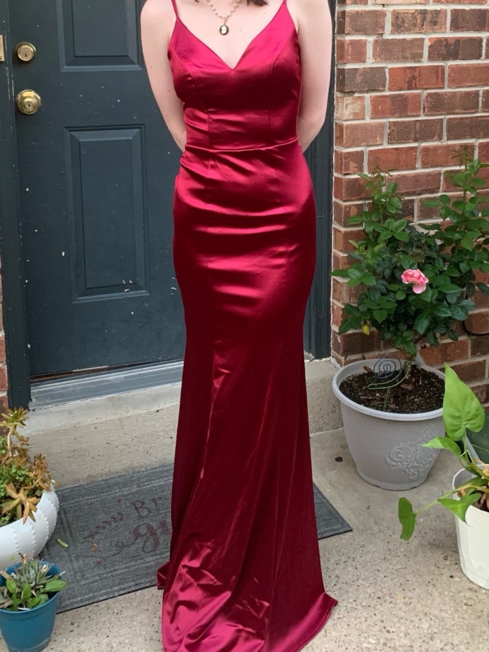 City Triangles Burgundy Satin Spaghetti-Strap Prom Dress